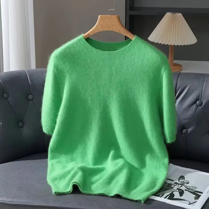 100% Mink Cashmere Round Neck Knitted T-Shirt Sweater