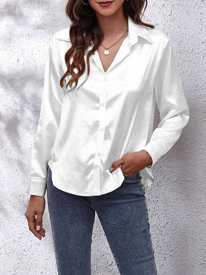 Loose Fit Satin Long Sleeve Button Up Blouse Shirt