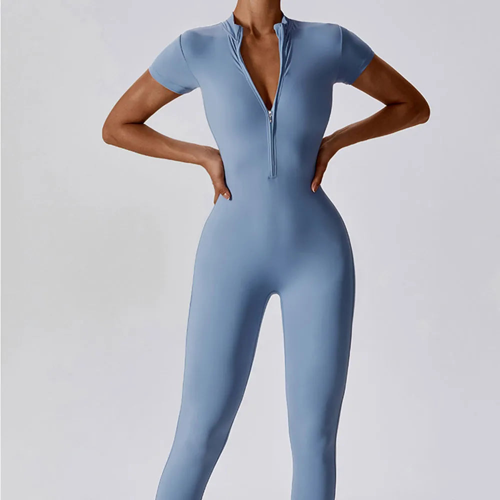 Seamless Short-Sleeve Front Zipper Yoga Jumpsuit