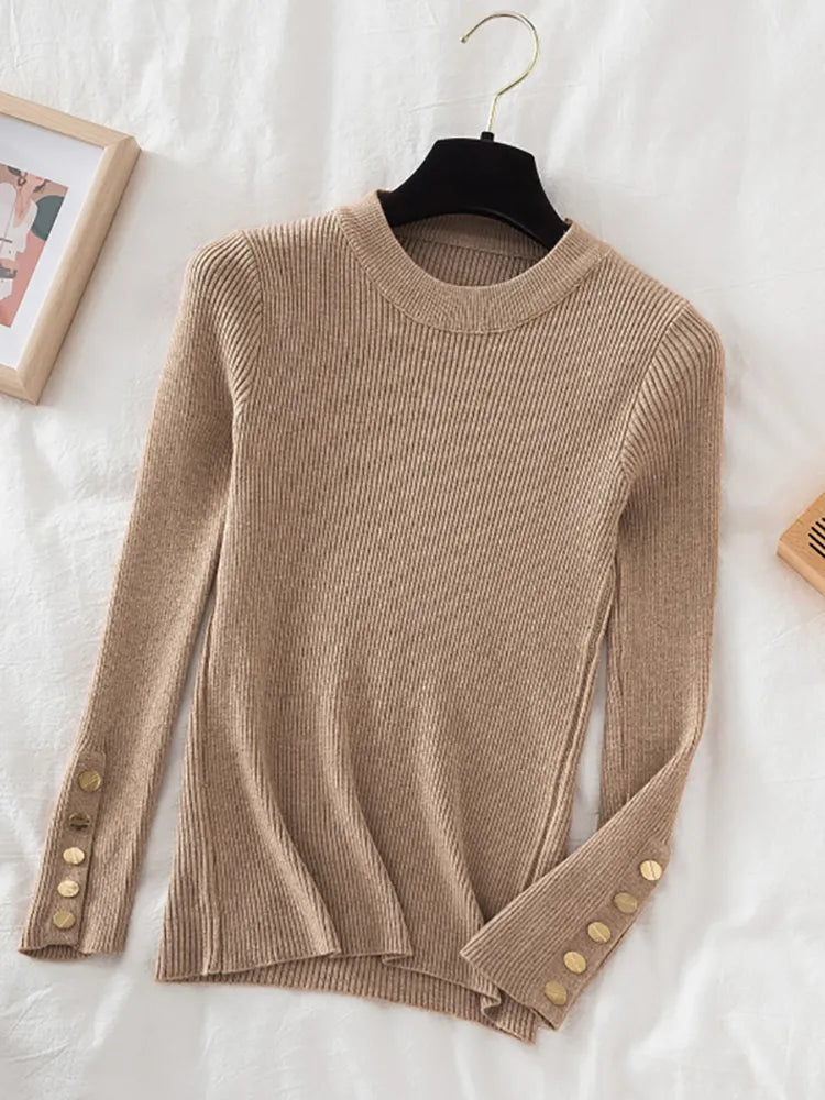 Round Neckline Button Sleeve Sweater