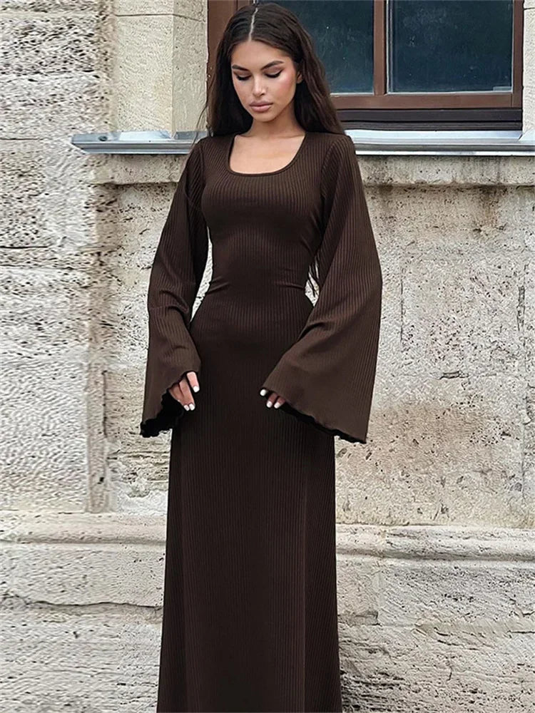 U Neckline Long Sleeve Knitted Maxi Dress