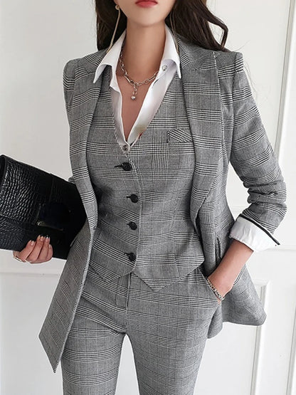 Women 3 Pieces Plaid Gray Formal Suit