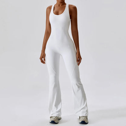 U Neckline V Back Cut Out Flare Workout Jumpsuit