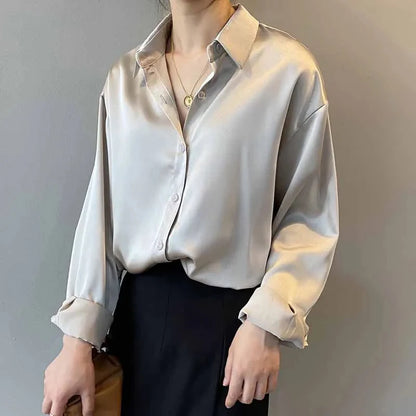 Long Sleeve Button Up Silk Like Blouse Shirt