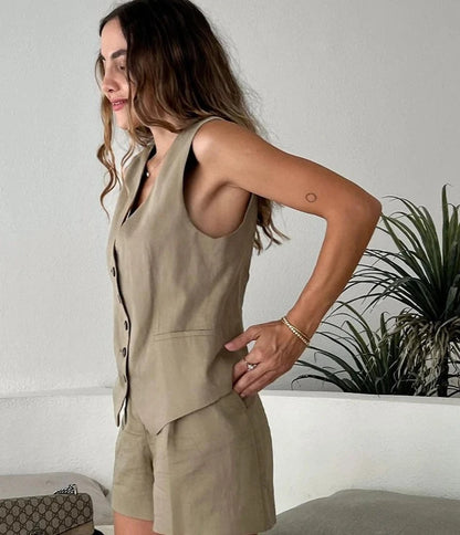 Khaki Vest and Shorts Linen Suit