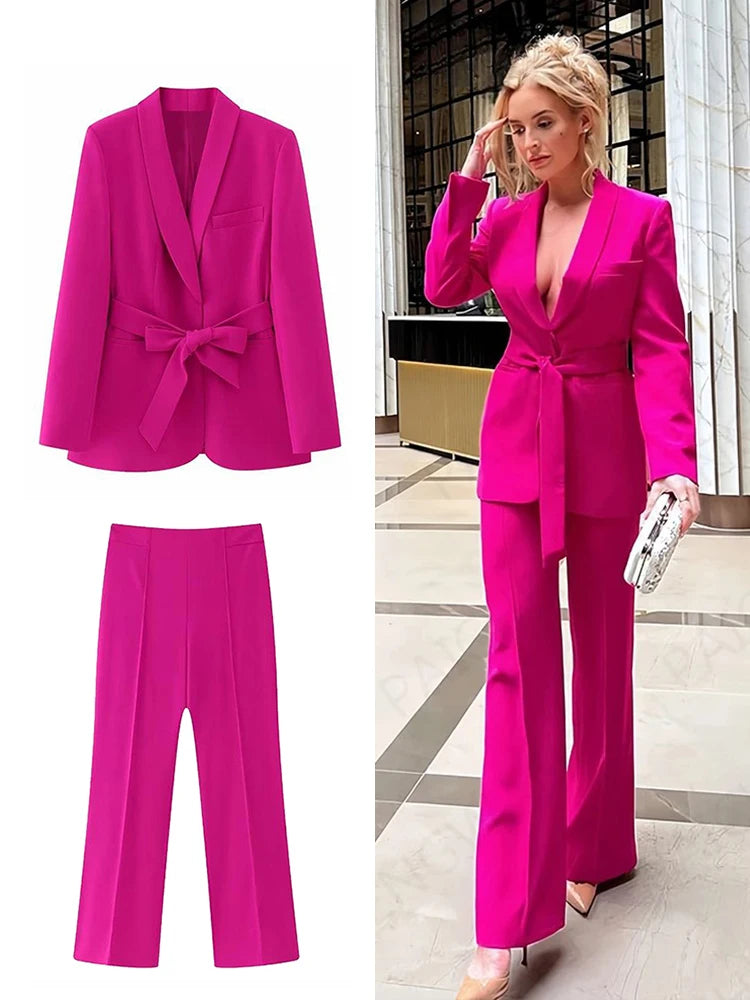 Belted Blazer and High Waist Wide Leg Trousers Suit