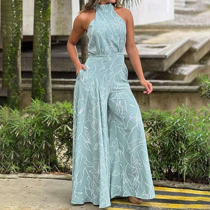 Halter Neckline High Waist Very Wide Leg Printed Jumpsuit