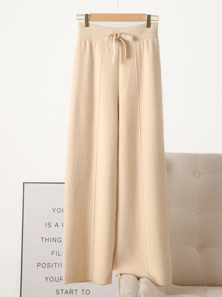100% Merino Wool Knitted Wide-Leg Trousers