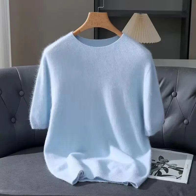 100% Mink Cashmere Round Neck Knitted T-Shirt Sweater