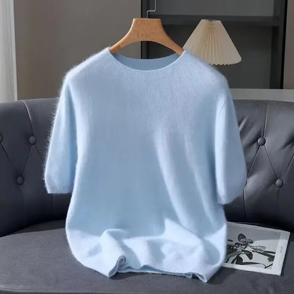 100% Mink Cashmere Round Neck Knitted T-Shirt Sweater