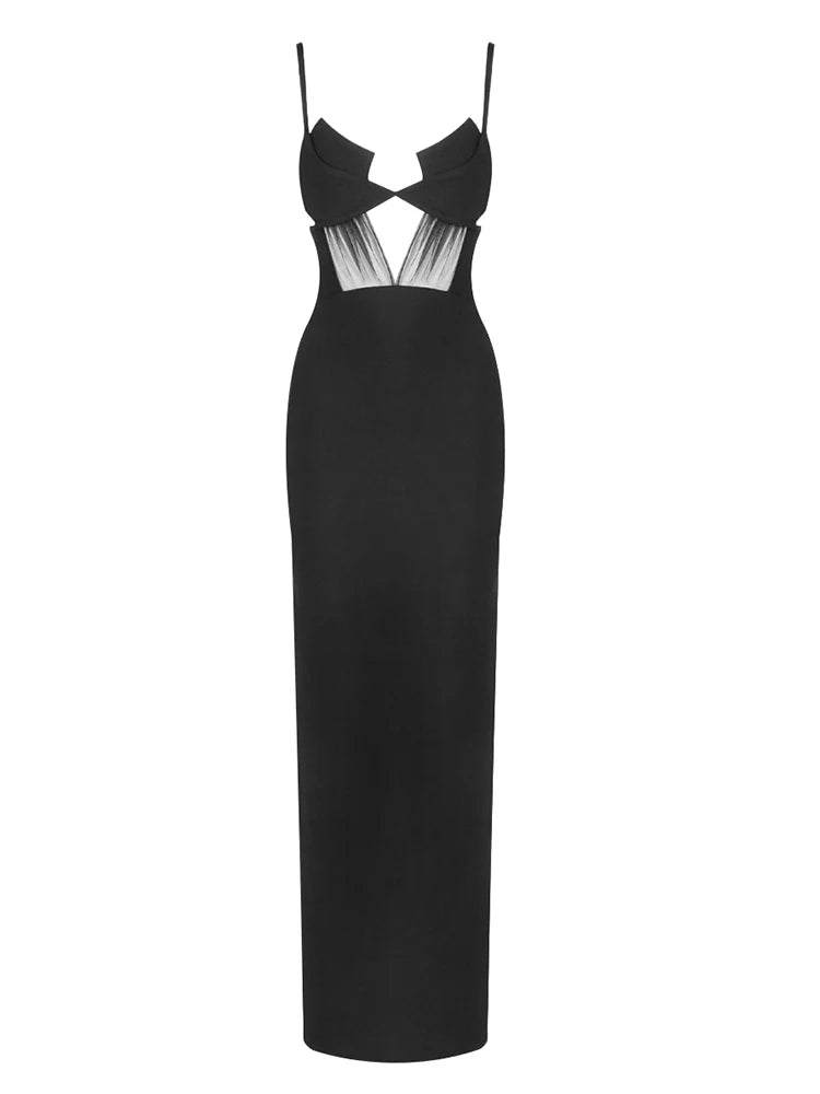 Spaghetti Strap Mesh Details Cut-Out Black Dress