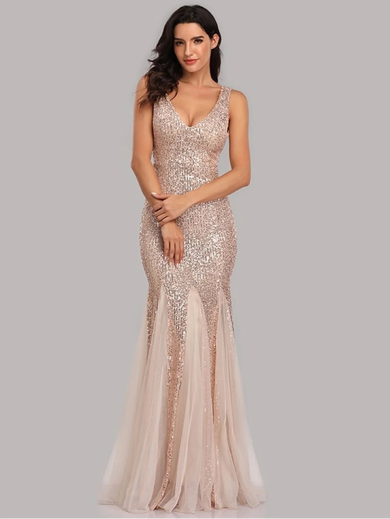 Sleeveless V Neckline Sequin Evening Dress