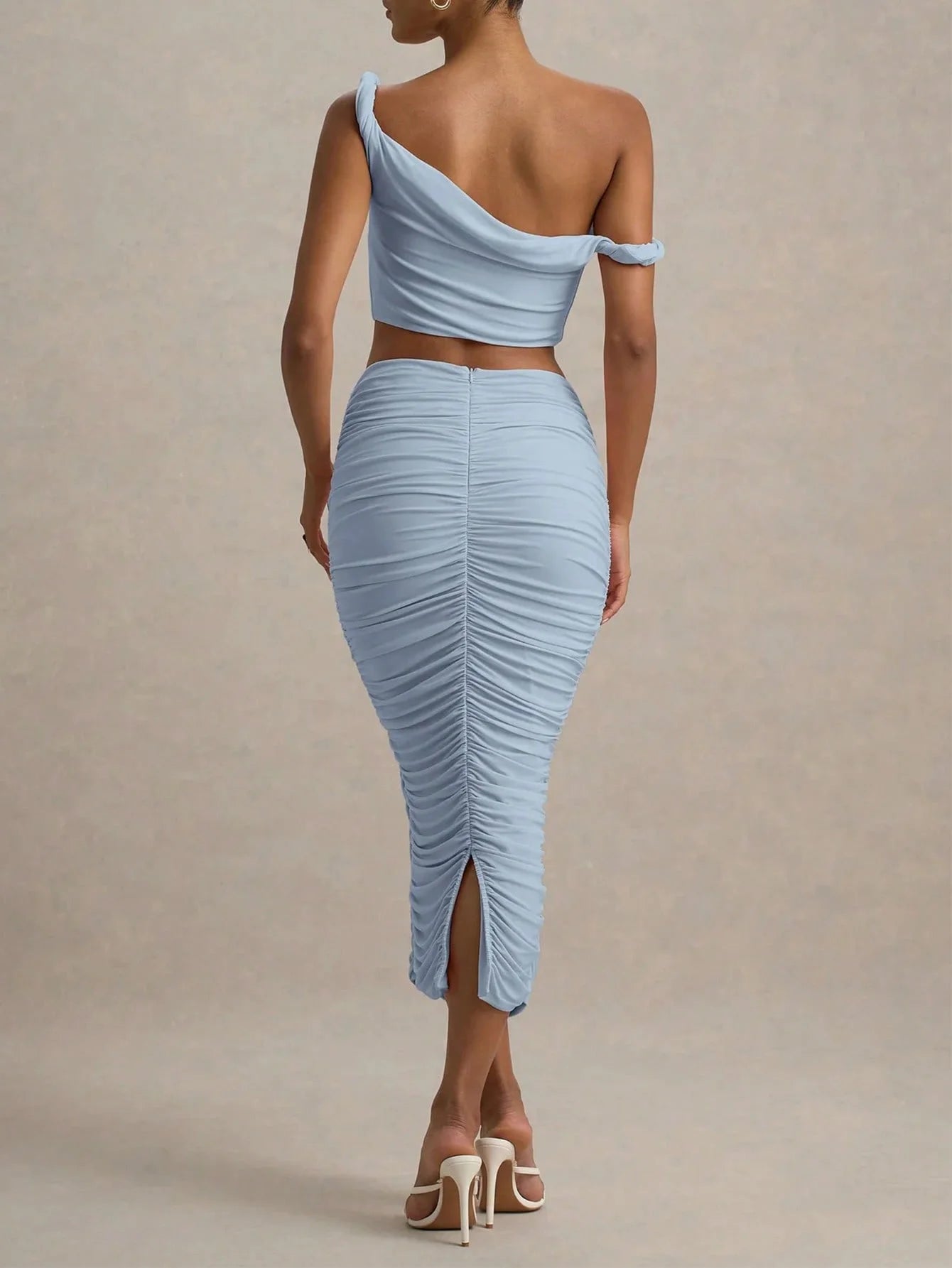 Baby Blue Off Shoulder Top and Mesh Skirt Two-Piece Set