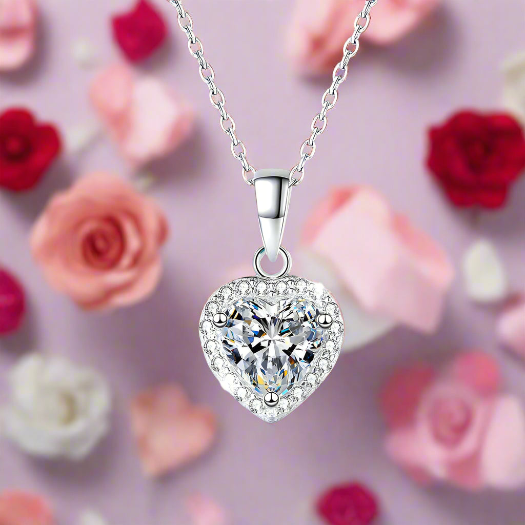 1 Carat Heart Shape Moissanite Pendant 18k White Gold Plated Necklace Valentines Day Gift