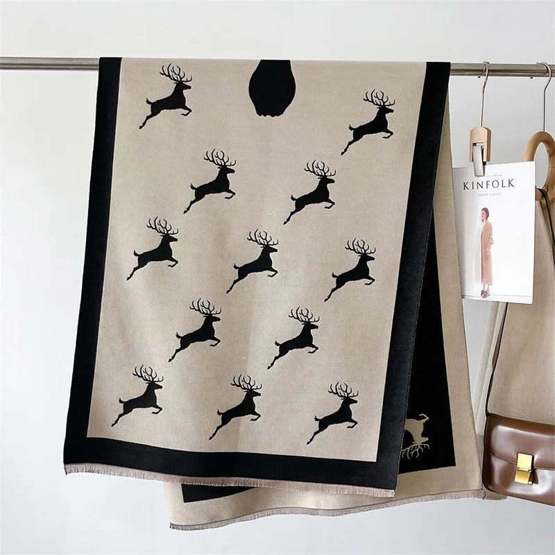 Luxury Cashmere Scarf - Deers Print Double-Sided Pashmina