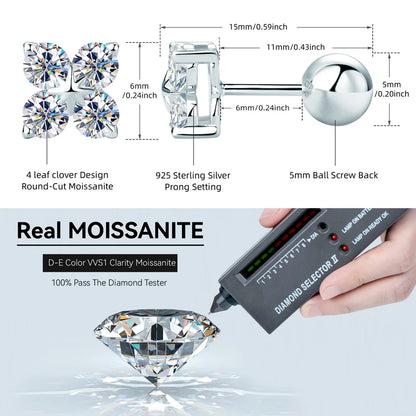 Four Leaf Clover Moissanite Stud Earrings - Christmas Gift For Her