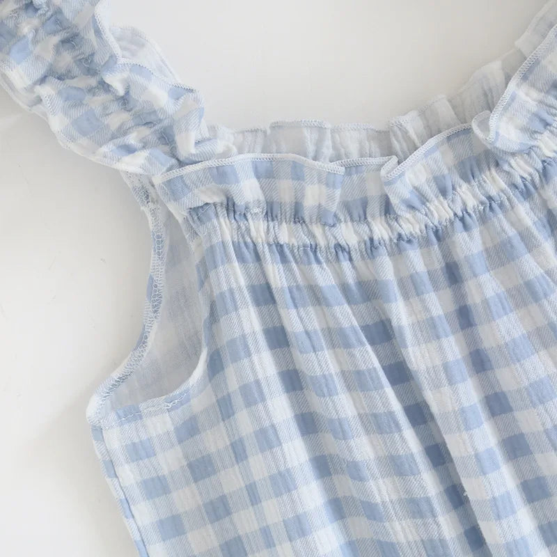 100% Cotton Crepe Home Dress Plaid Sleepwear Dress