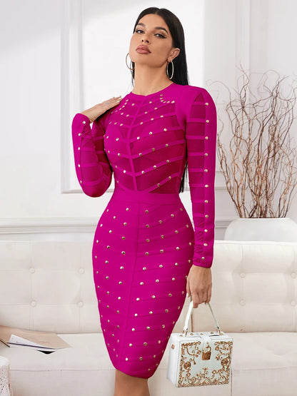 Long Sleeves Fuchsia Lace Details Bandage Dress