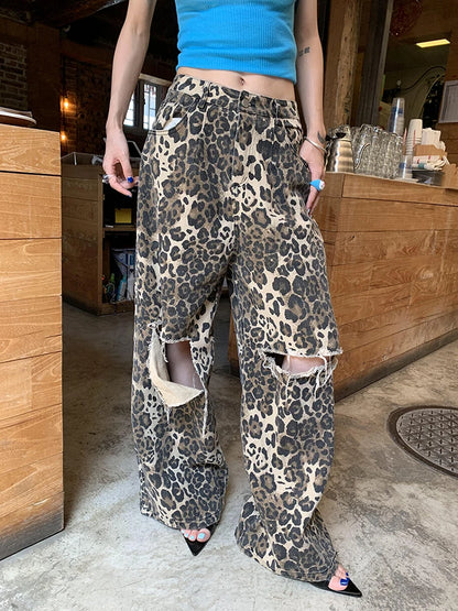 High Waist Wide Leg Leopard Ripped Jeans