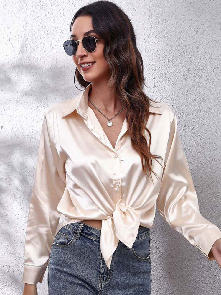 Loose Fit Satin Long Sleeve Button Up Blouse Shirt