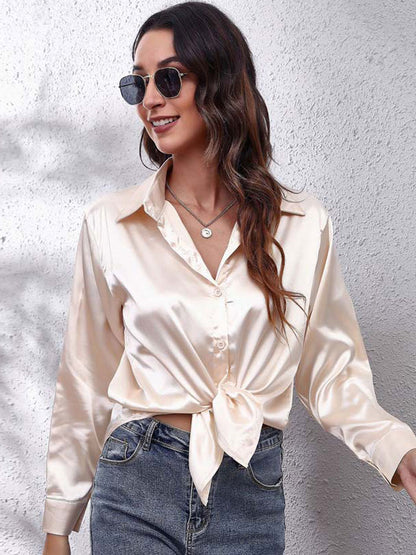 Loose Fit Satin Long Sleeve Button Up Blouse Shirt