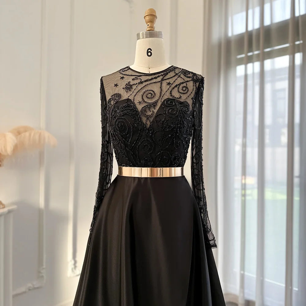 Black Tie Satin Long Sleeves Lace Details Black Evening Dress