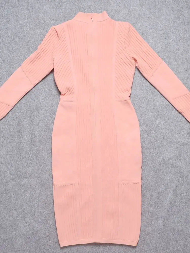 Light Coral Long Sleeve Midi Bandage Pencil Dress