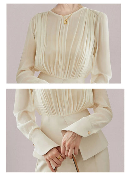 Long Sleeve Top with Wide Leg Trousers Semi-Formal Ivory Suit