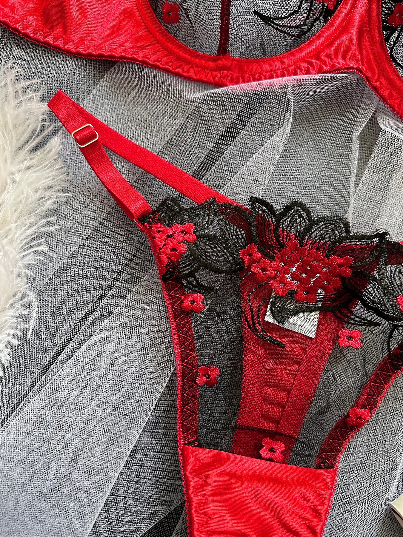 Floral Embroidery Lace Red and Black Bra and Brief Set - Lace Lingerie Sets