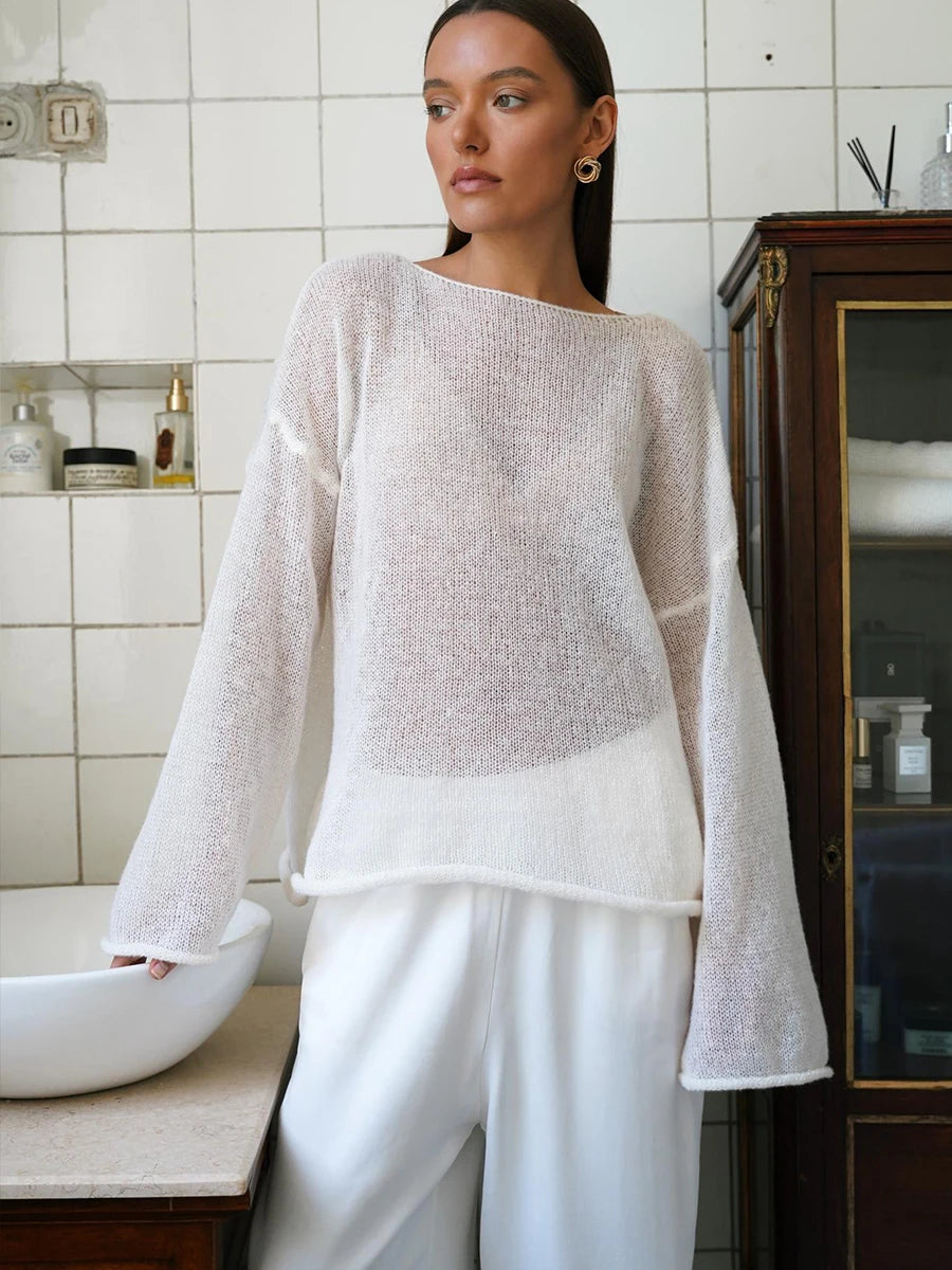 Long Sleeve Boat Neckline Loose Fit Pullover Sheer Sweater