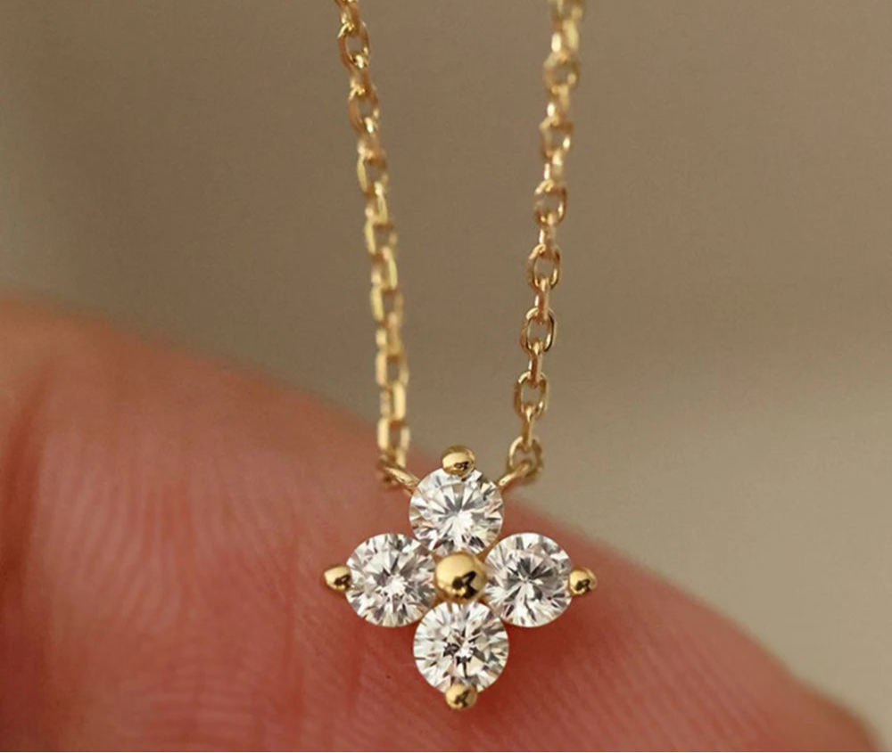 Moissanite Four-leaf Flower Necklace with a Matching Earrings