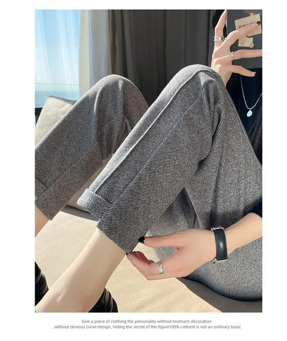 High Waist Tweed Pencil Wool Winter Cuffed Trousers