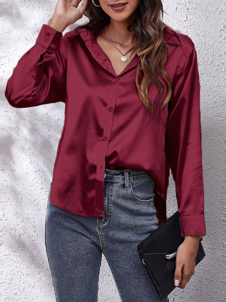 Loose Fit Satin Long Sleeve Button Up Blouse Shirt