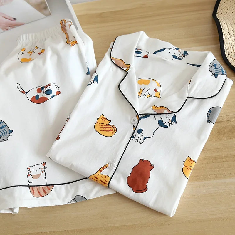 Cats Print 100% Cotton Short Sleeve Shorts Pajama Set