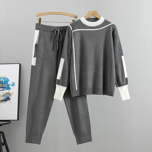 Two Pieces Knitted Round Neckline Sweater and Trousers Set