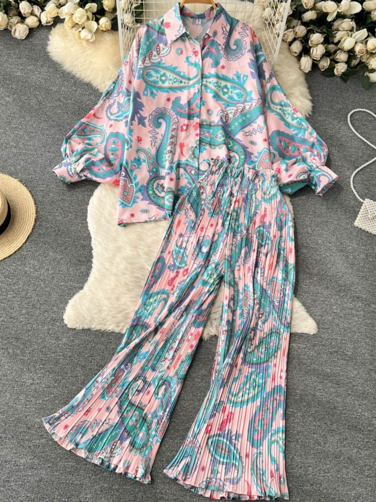 Vintage Prints Loose Shirt Cut and Elastic High Waist Pants Casual Set