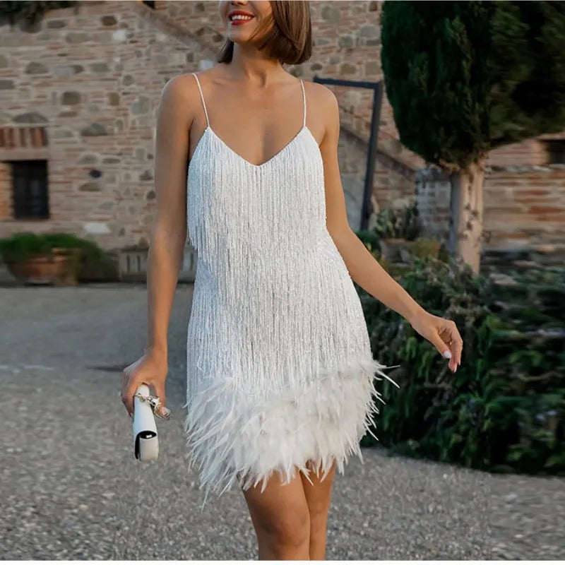 Spaghetti Straps Sequin Tassel and Feather Mini Dress