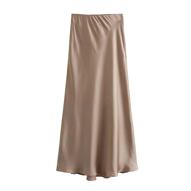 A-Line High Waist Satin Midi Skirt