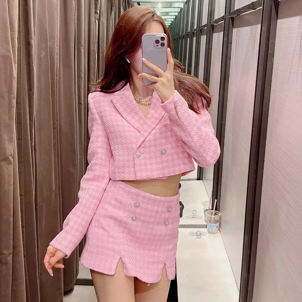 Cropped Coat and Mini Skort Tweed Pink Suit