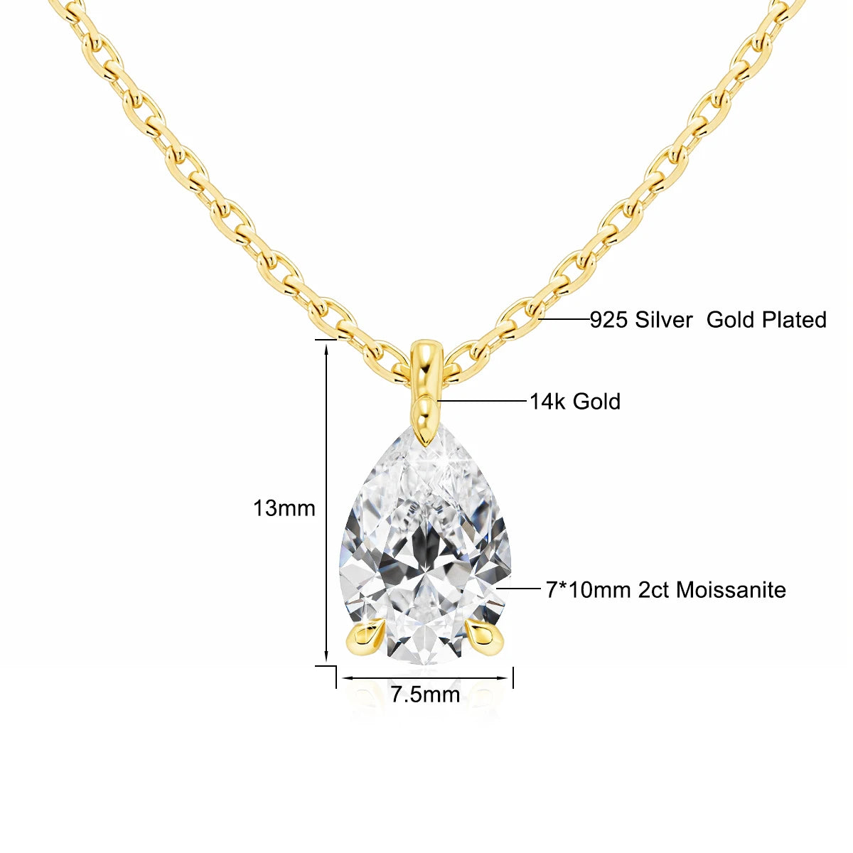 14K Gold Pendant 2CT Pear Cut Moissanite Necklace