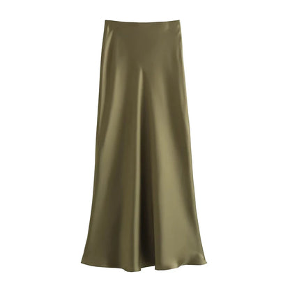 A-Line High Waist Satin Midi Skirt