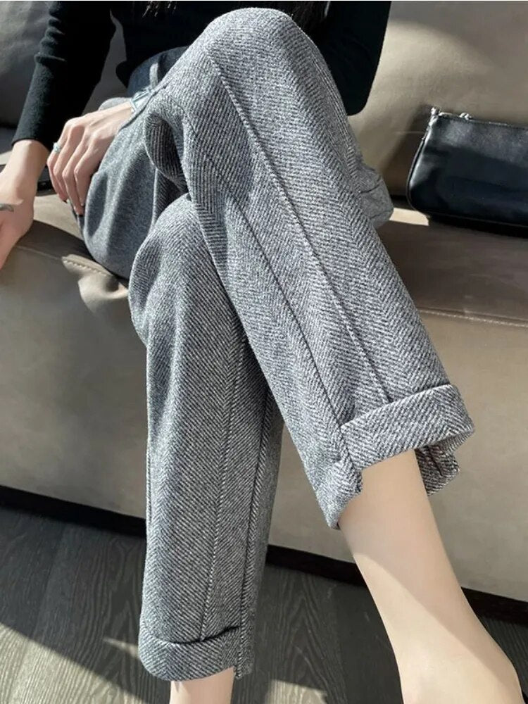 High Waist Tweed Pencil Wool Winter Cuffed Trousers