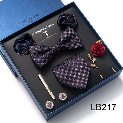 Luxury Bowtie 8 Pcs Tie Set Necktie, Bowtie, 2 Brooches, 2 Cufflinks, and 2 Pocket square