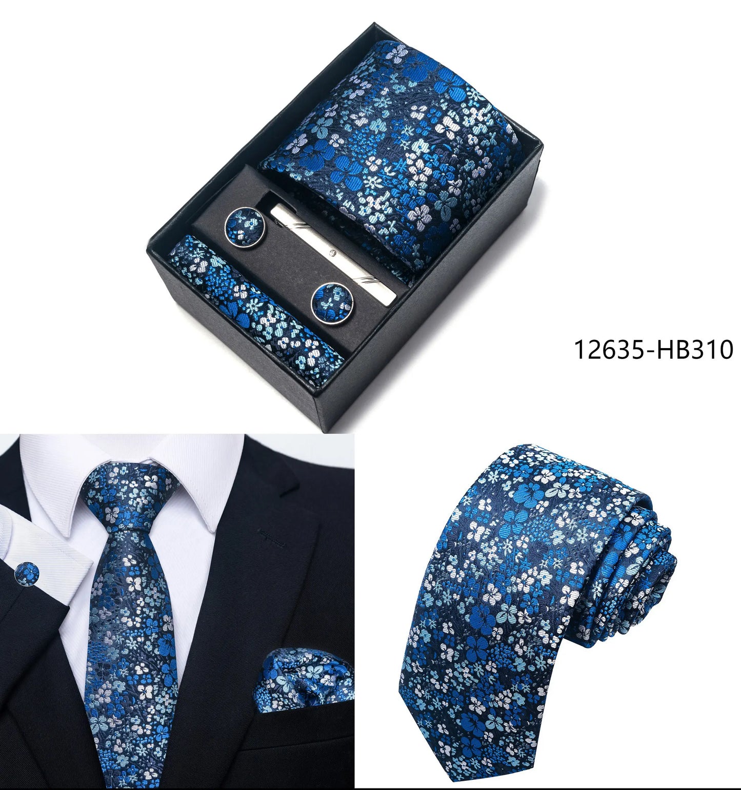 Solid Color 5 Pcs Tie Set Handkerchief, Cufflinks, Tie and Clip