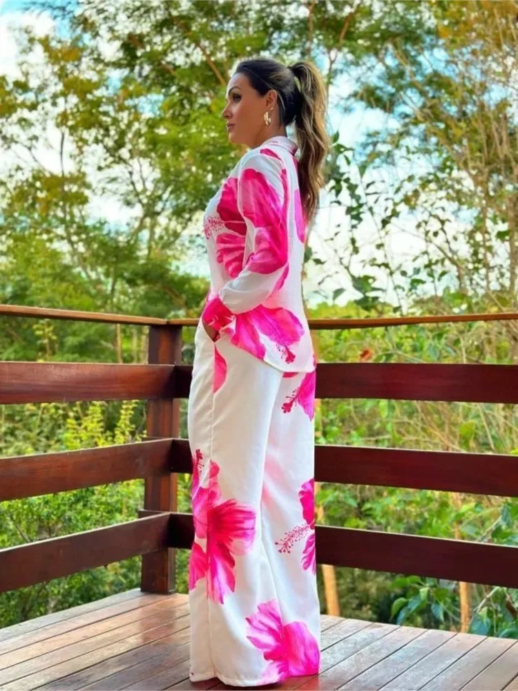 Floral Shirt and Wide Leg Pants Set