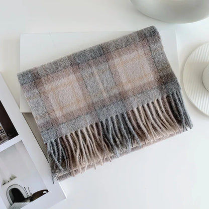 100% Wool Brown and Grey Plaid Scarf