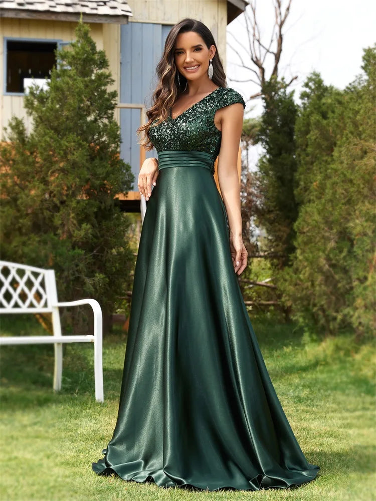 Cap Sleeves V-Neckline Satin Sequin Bridesmaid Dress – Emerald A-Line Gown