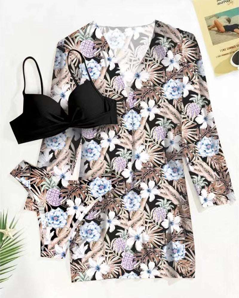 Floral 3 Pieces Low Waist Bikini Set with a Matching Cover-up Kimono