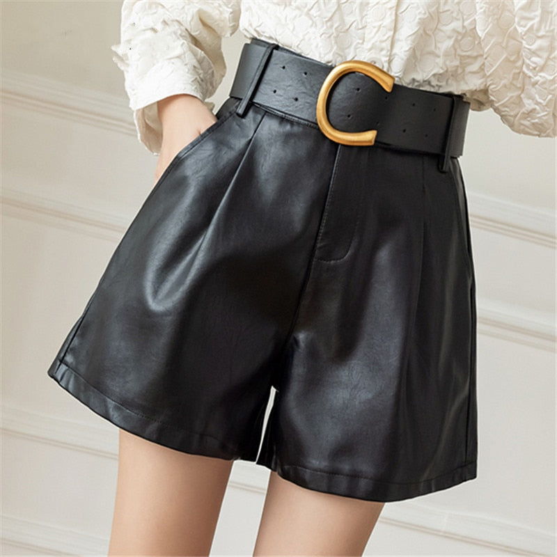 Women's Leather High Waist Shorts with Belt