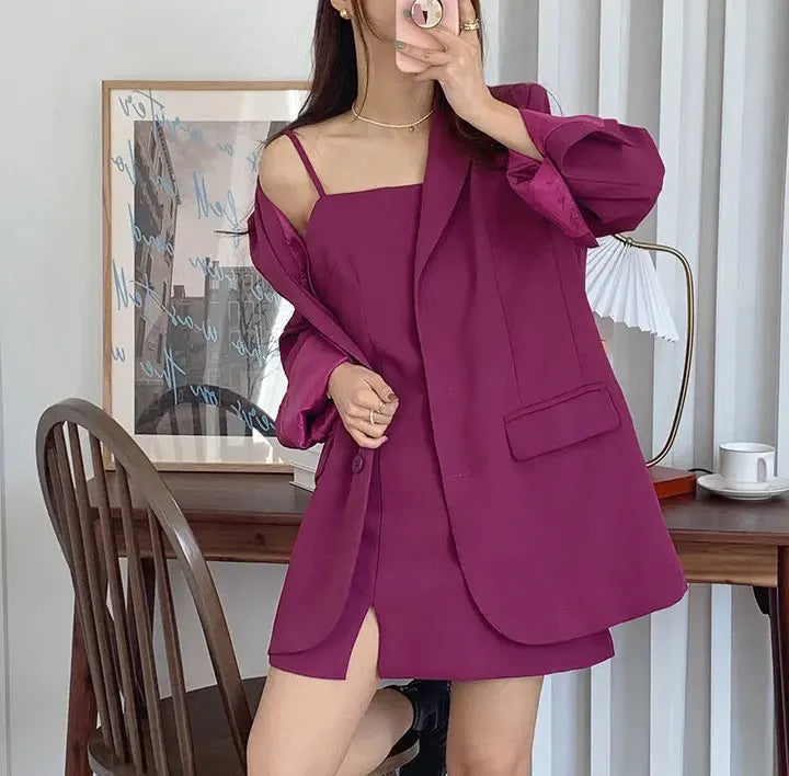 Blazer and Spaghetti Strap Short Dress Suit